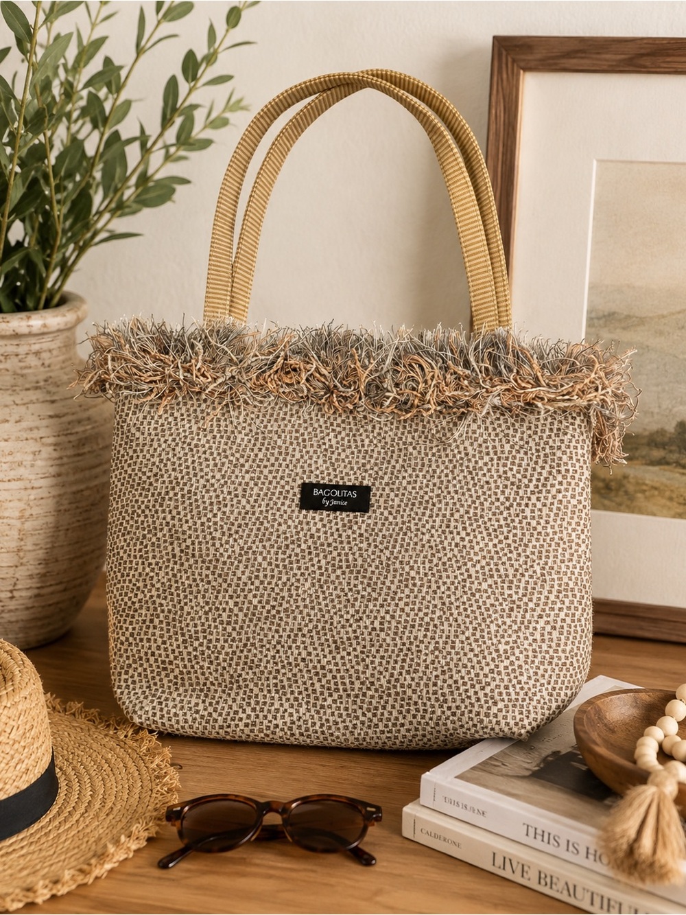 Bagolitas by Janice Woven Fringe Tote Bag Neutral Beige Brown Boho Shoulder Bag